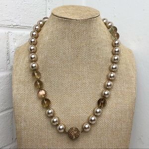 Gold Faux Pearl Necklace with Crystal Ball Clasp